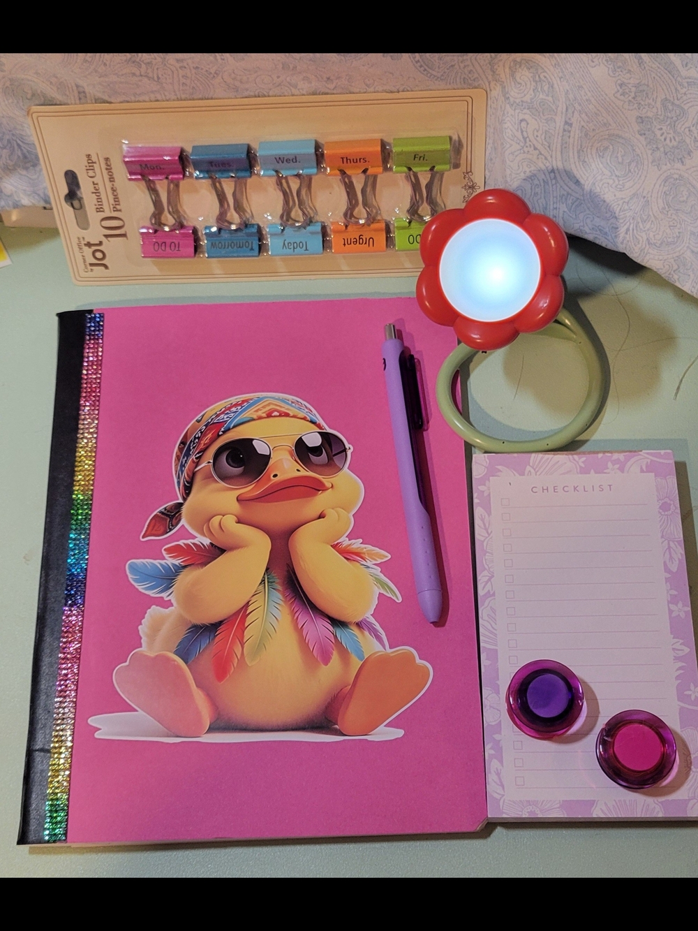 Handmade Pink Duck Notebook, Pen, Flower Lamp, magnets, Clips & Checklist Pad.
